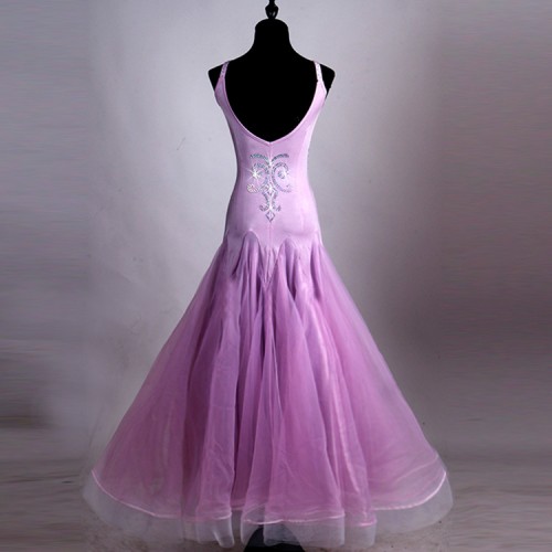 Light purple lavender rhinestones competition sleeveless female women's competition ballroom tango waltz dance dresses